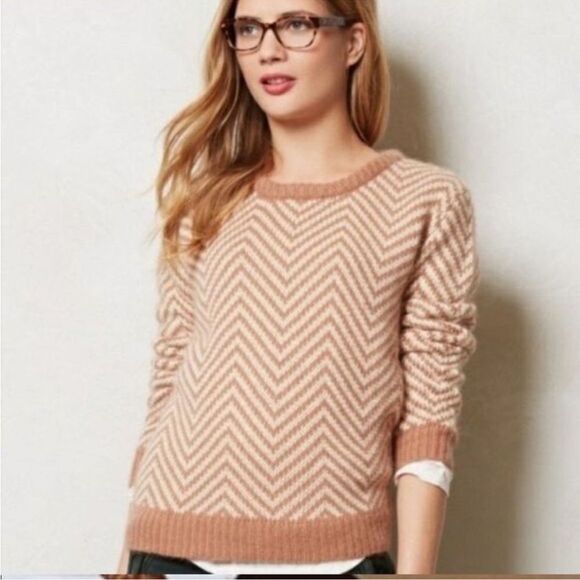 Ganni Anthropologie Women’s wool angora blend chevron tan crew neck sweater XL - Picture 1 of 11